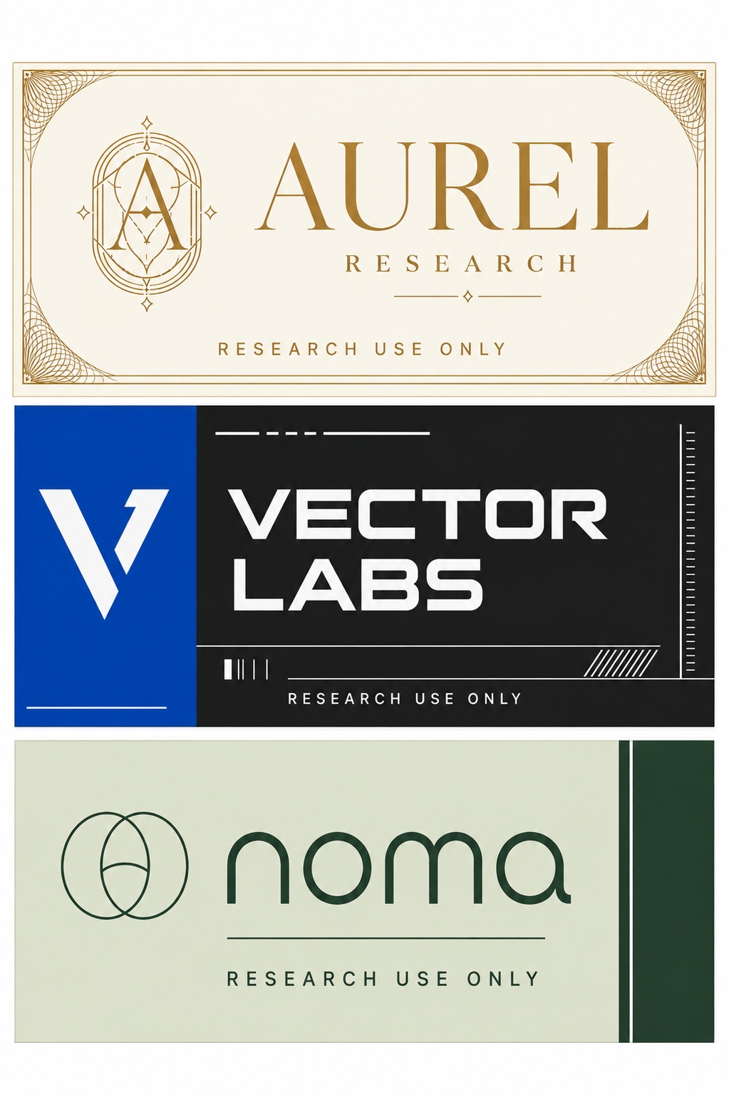 Three flat label design concepts: Aurel Research in ivory and gold, Vector Labs in black and cobalt, and Noma in sage and forest green. Each is marked Research Use Only.