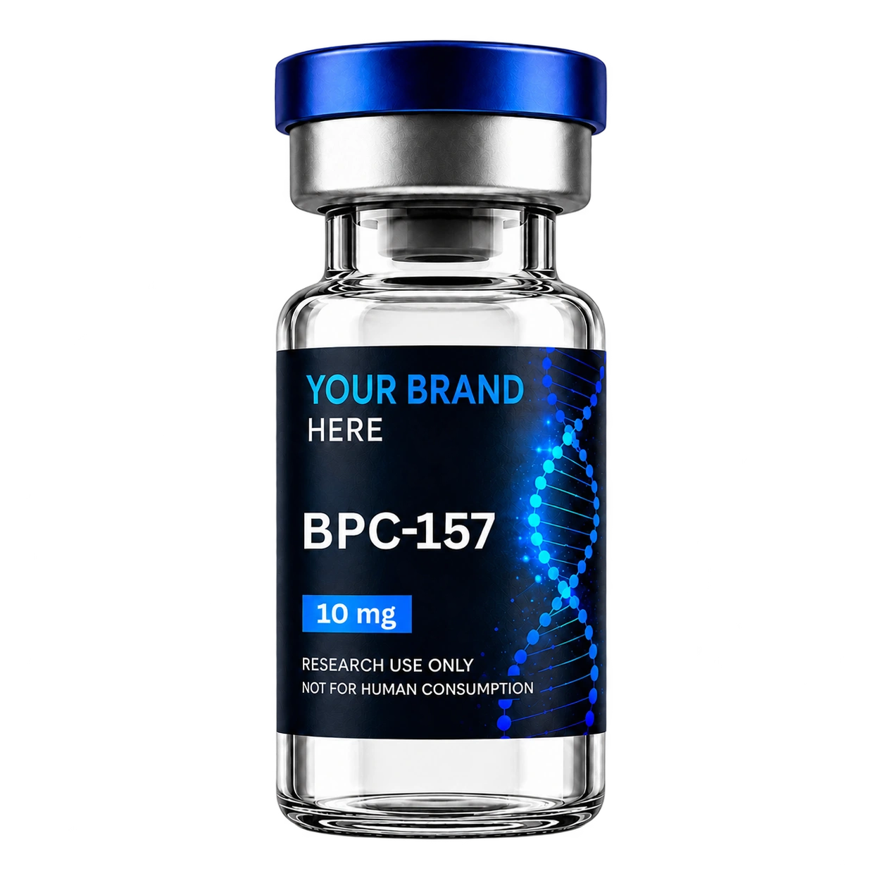 BPC-157 10 mg catalog vial with navy Your Brand Here label and blue DNA helix