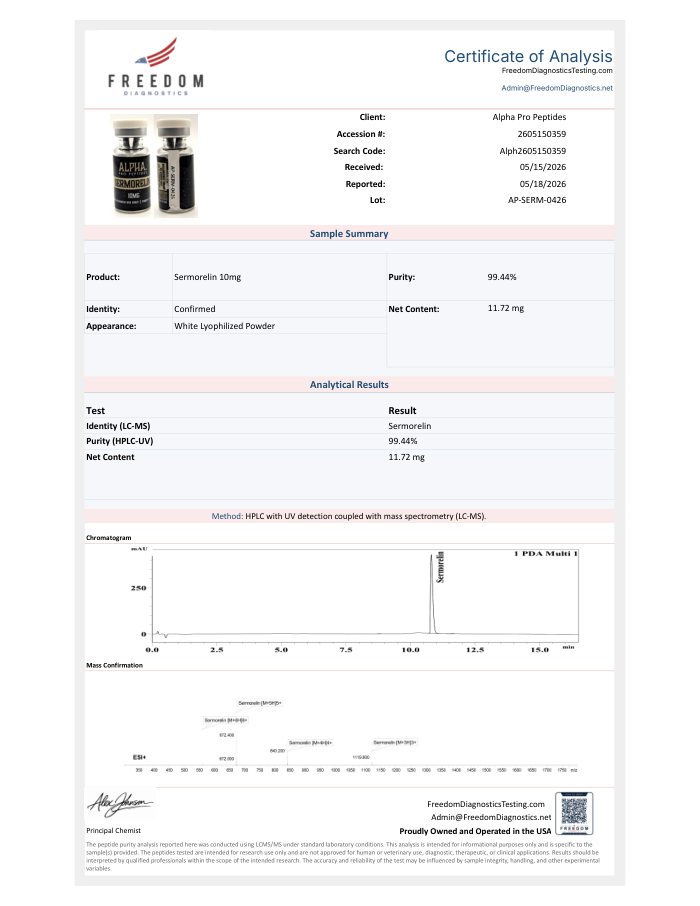 First-page preview of Sermorelin 10 mg COA, AP-SERM-0426