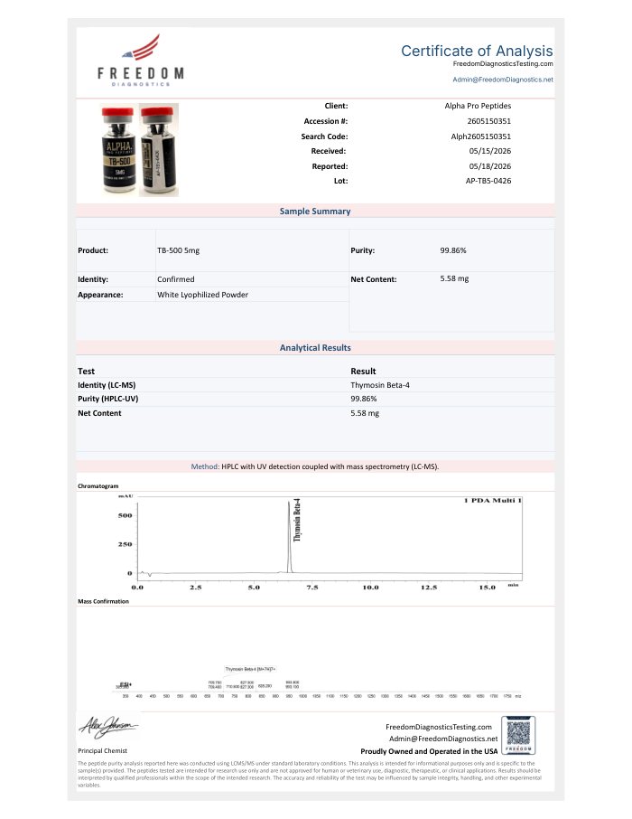 First-page preview of TB-500 5 mg COA, AP-TB5-0426