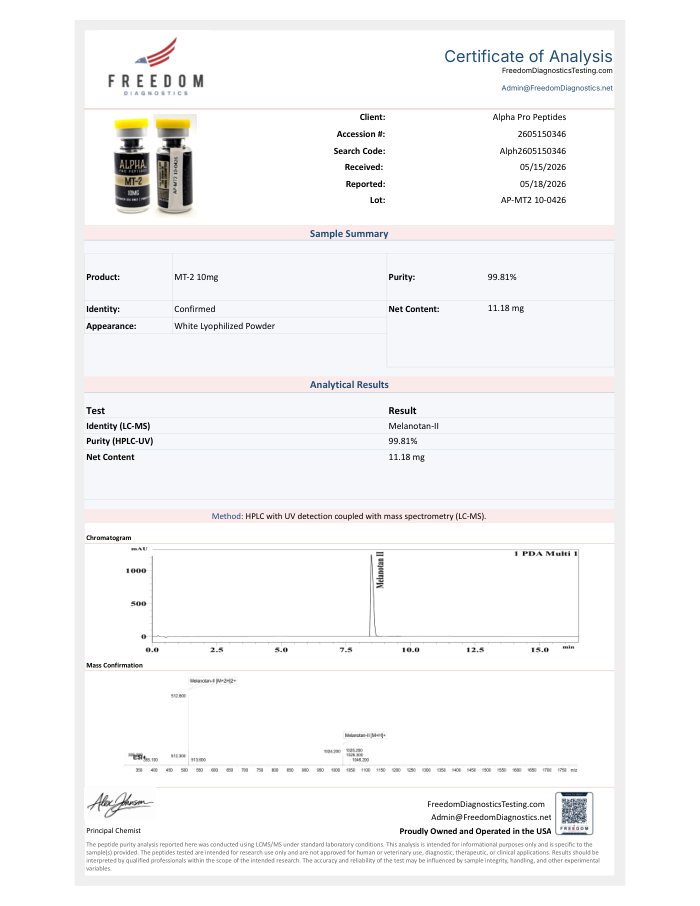 First-page preview of Melanotan II 10 mg COA, AP-MT2 10-0426