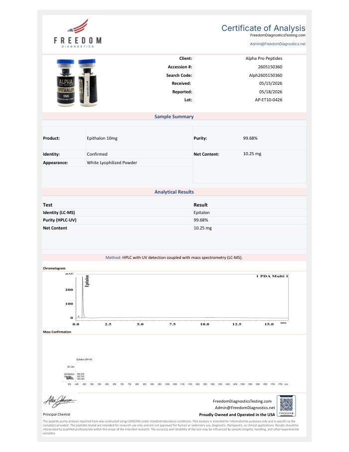 First-page preview of Epitalon 10 mg COA, AP-ET10-0426