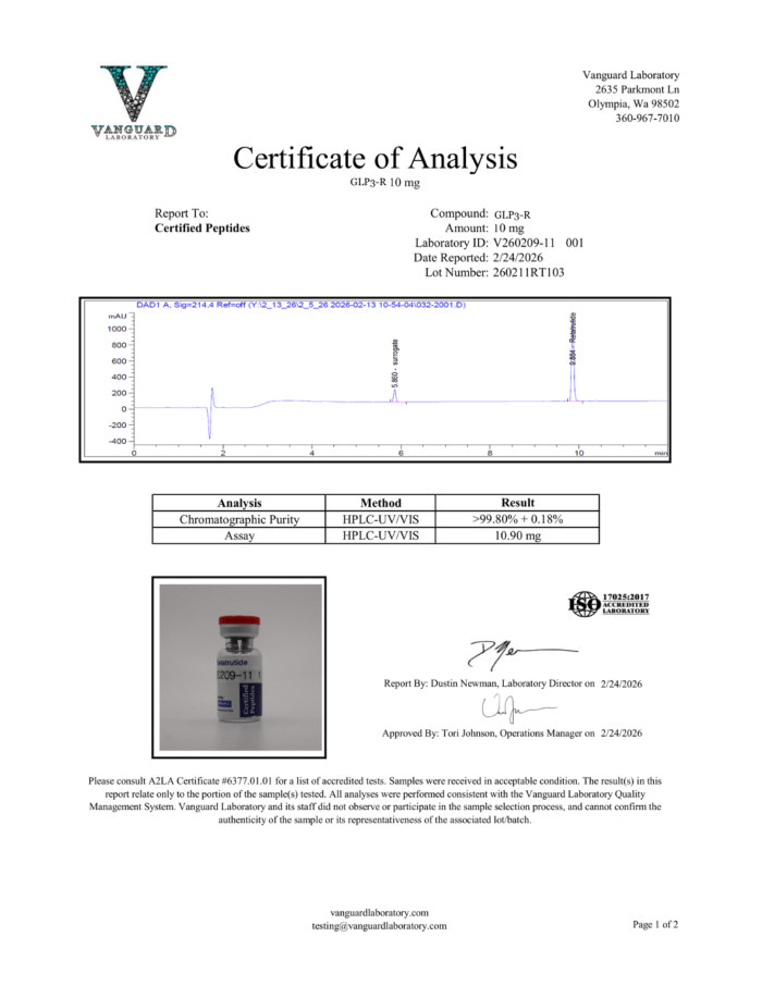 First-page preview of GLP-3R 10 mg COA, 260211RT103