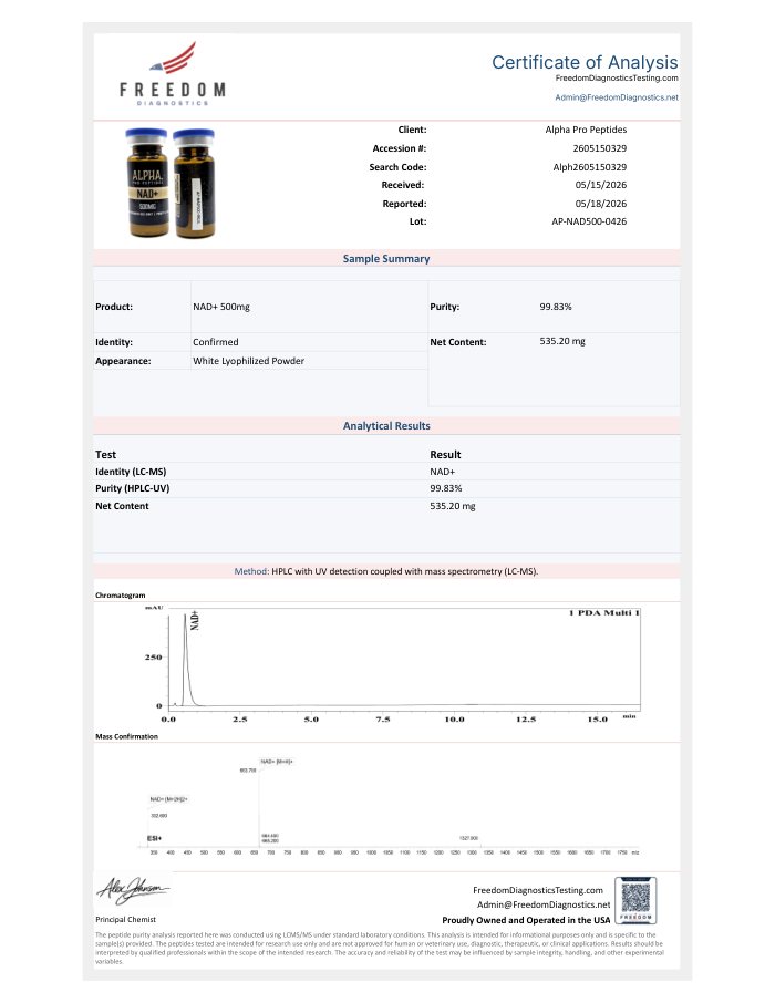 First-page preview of NAD+ 500 mg COA, AP-NAD500-0426