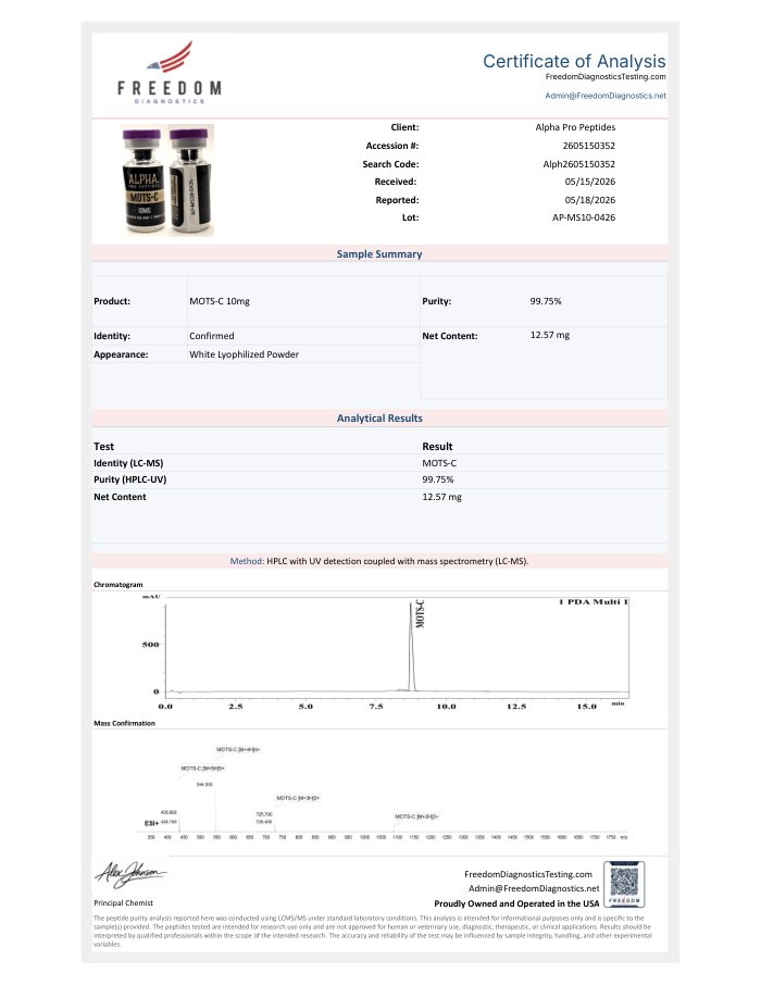 First-page preview of MOTS-C 10 mg COA, AP-MS10-0426