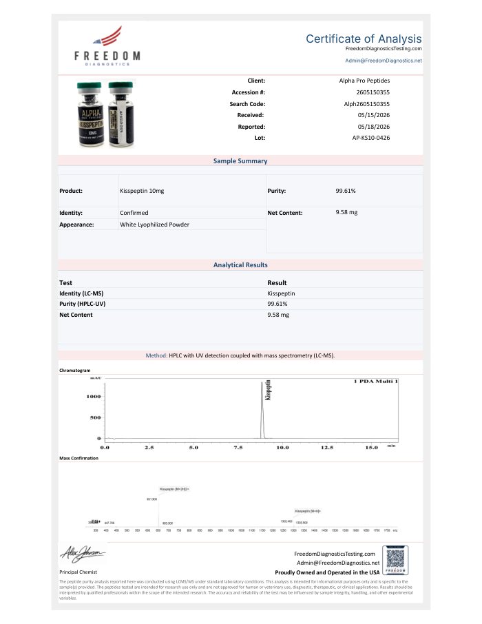 First-page preview of Kisspeptin 10 mg COA, AP-KS10-0426