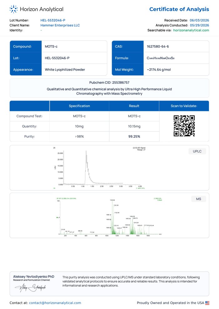 First-page preview of MOTS-C 10 mg COA, HEL-5532046-P