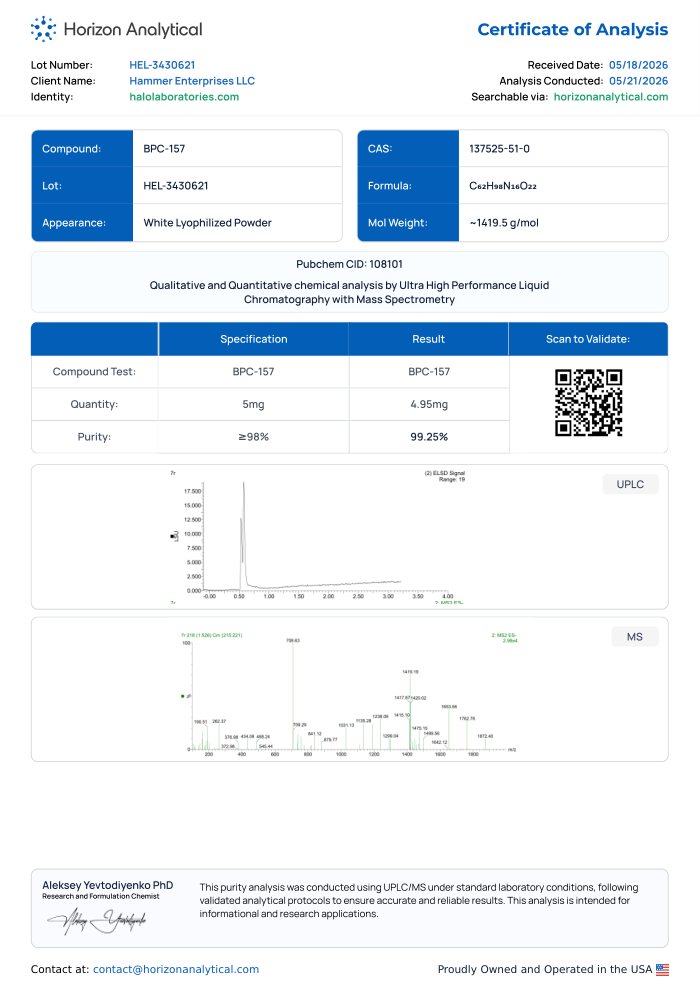 First-page preview of BPC-157 5 mg COA, HEL-3430621