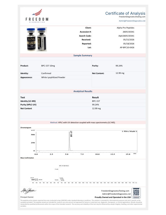 First-page preview of BPC-157 10 mg COA, AP-BPC10-0426