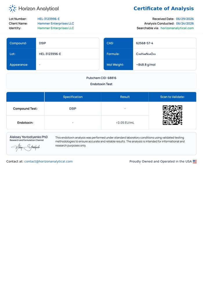 First-page preview of DSIP 10 mg COA, HEL-3123996-E + HEL-3123996-P