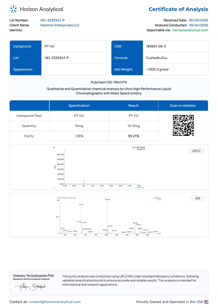 First-page preview of PT-141 10 mg COA, HEL-3230947-P