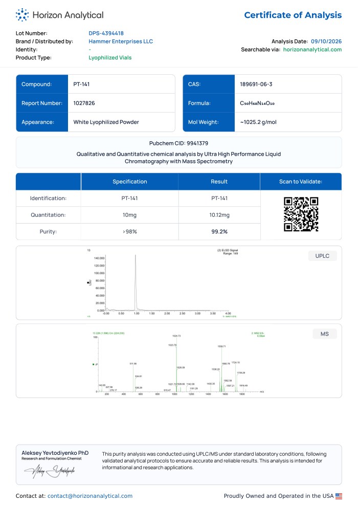 First-page preview of PT-141 10 mg COA, DPS-4394418