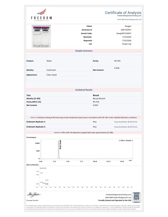 First-page preview of Bac water 10 ml COA, Purple Cap