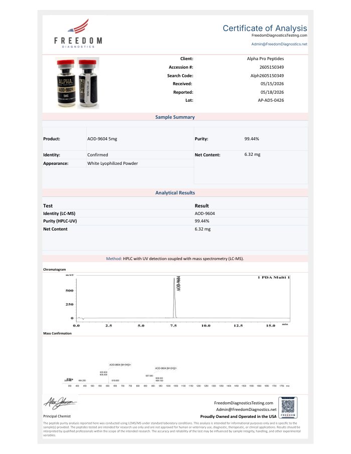 First-page preview of AOD-9604 5 mg COA, AP-AD5-0426