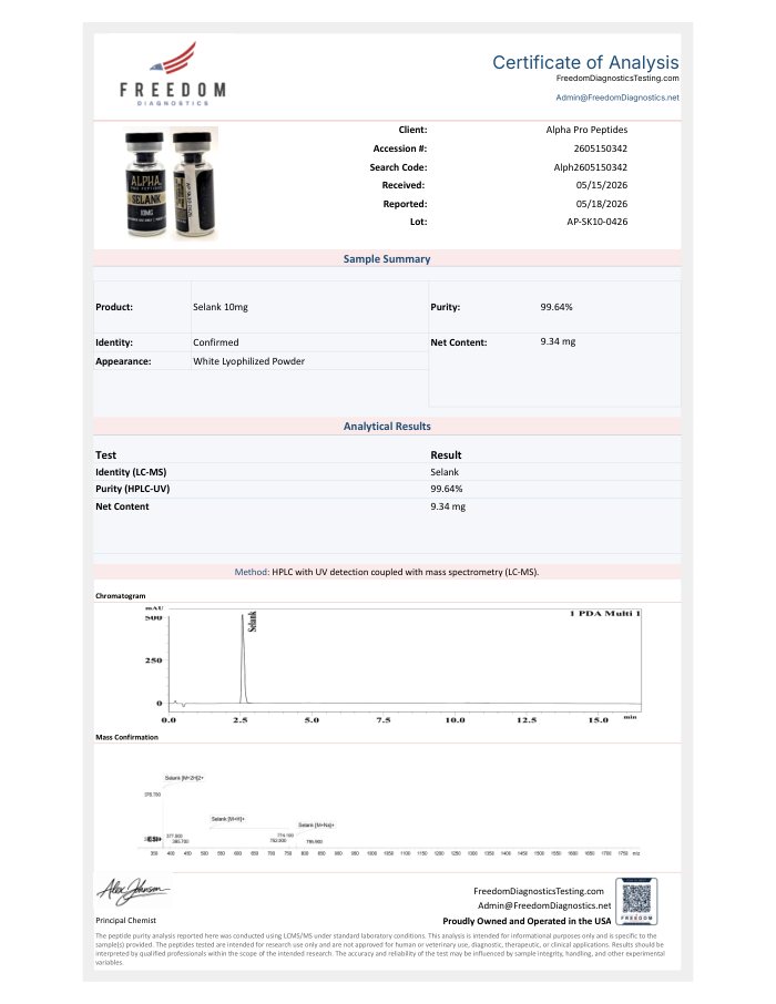First-page preview of Selank 10 mg COA, AP-SK10-0426