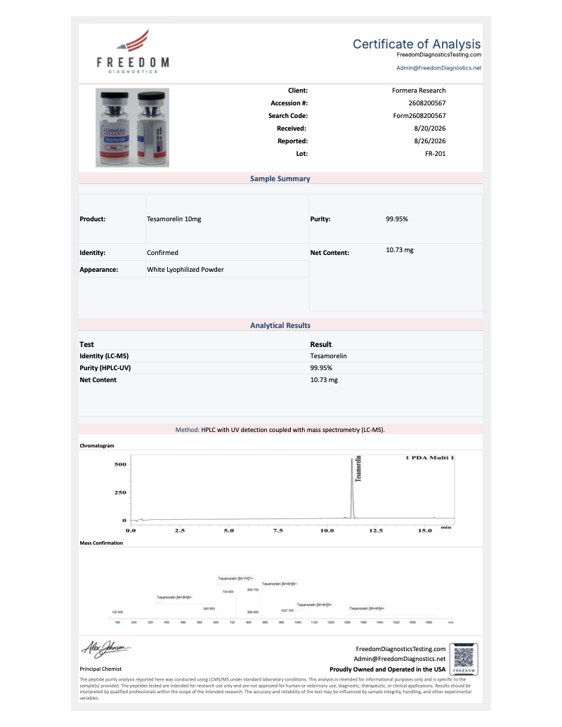First-page preview of Tesamorelin 10 mg COA, FR-201